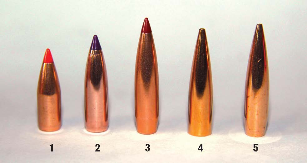 Bullets used to develop varmint loads for the 6mm Dasher include: (1) Hornady 65-grain V-MAX, (2) Nosler 80-grain Ballistic Tip Varmint, (3) Hornady 80-grain ELD-VT, (4) Berger 88-grain High BC FB Varmint and (5) Berger 95-grain VLD Target.